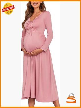 Maternity Tie Front Maxi Dress Long Sleeve V Neck Flowy A Line Pregnancy Dress